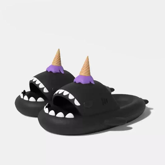 Black CloudSharks Ice Scream Shark Slides with an open-mouth shark design and ice cream cone on top, perfect for casual wear.