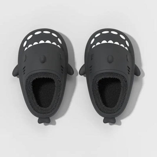 Black winter shark slippers with thick plush lining, anti-slip EVA sole shark slides, warm cloudsharks house slippers for men and women