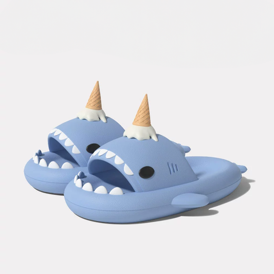 Blue CloudSharks Ice Scream Shark Slides with a playful shark mouth design and melting ice cream cone, offering comfort and style.
