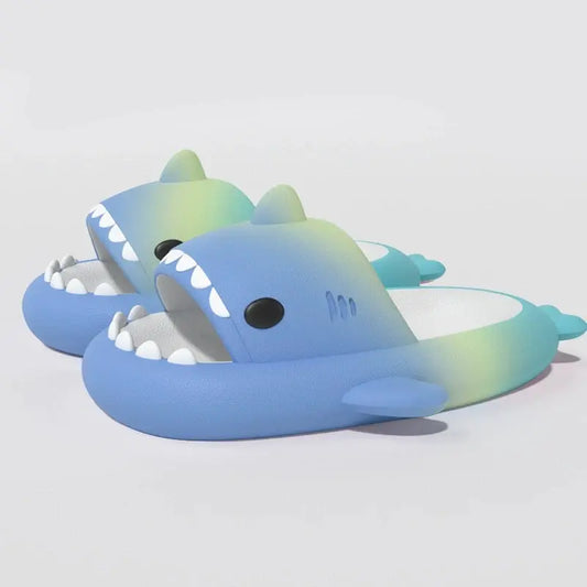 Blue, yellow, and green gradient shark slides and shark slippers with cushioned soles and anti-slip grip for everyday comfort, from CloudSharks.shop.
