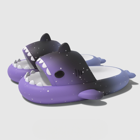 Purplish black blue CloudSharks shark slides with deep gradient colors and starlight speckle finish, stylish shark slippers built for comfort and durability
