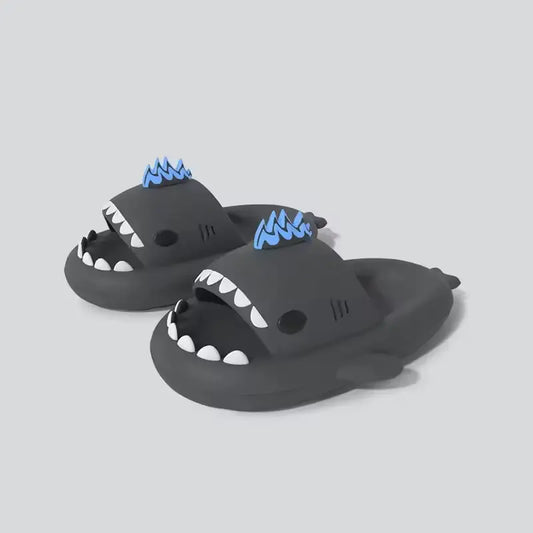 Black cloudsharks shark slippers with glow in the dark fins, kaiju shark slides featuring anti-slip sole and soft EVA rebound comfort