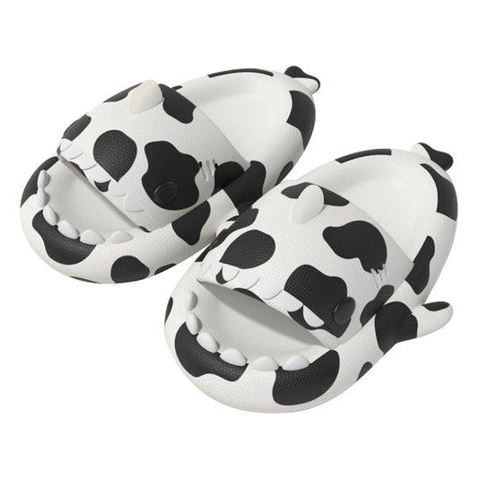 Cow Cloudshark Slides side view - quirky cow print slippers with shark-like design from cloudsharks.shop