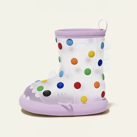 Adorable purple rainbow polka dot shark rain boots for toddlers, featuring colorful dots, shark teeth design, and lightweight waterproof material for rainy day play.