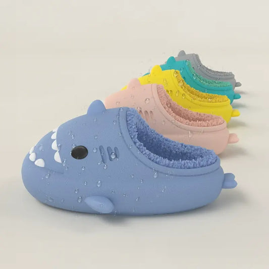 Multicolor winter shark slides with waterproof exterior, plush lined shark slippers, easy-clean EVA cloudsharks indoor slippers for home use