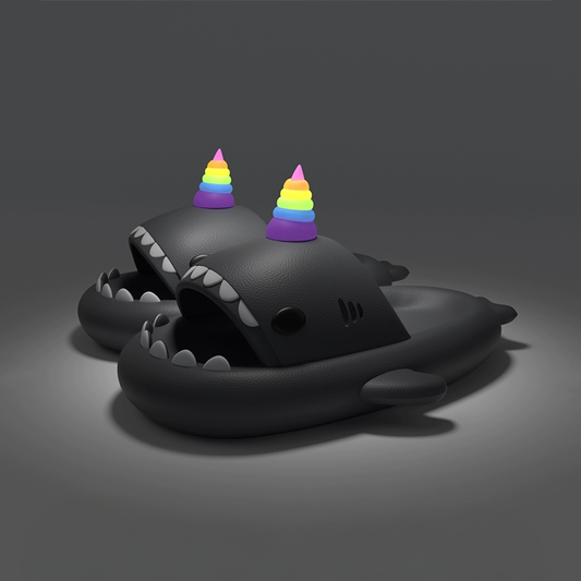 Get stylish Black Unicorn Shark Slides with rainbow unicorn horns and a unique shark design. Shop at Cloudsharks.shop.