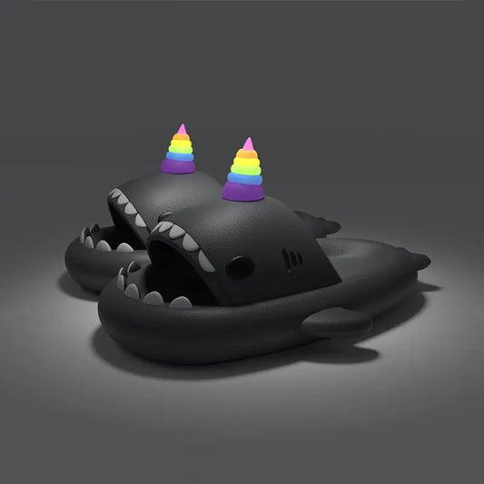 Get stylish Black Unicorn Shark Slides with rainbow unicorn horns and a unique shark design. Shop at Cloudsharks.shop.