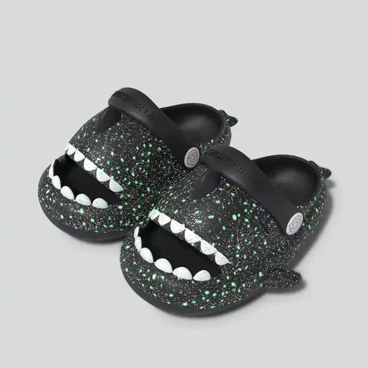 Black Cloudsharks glow in the dark shark slippers for kids – fun and comfy shark clogs with teeth and fins for boys and girls