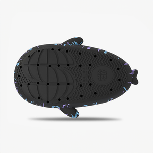 Underside view of a black Cyberpunk Shark Slide, revealing the advanced anti-slip wave pattern on the sole designed for superior traction and stability on various surfaces.