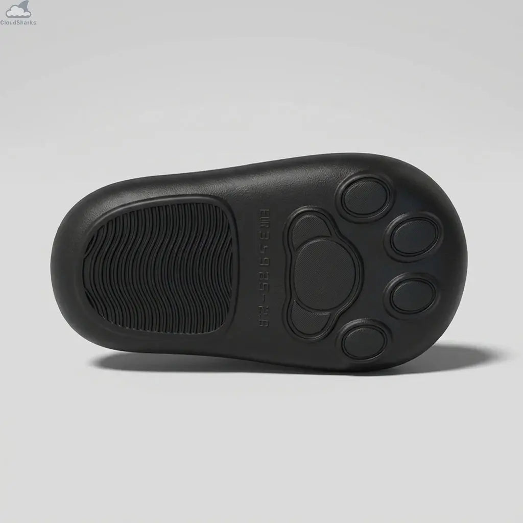 Bottom view of a black Cloudsharks cat slipper showing the anti-slip paw pad tread pattern, textured grip, and size markings on a clean seamless studio background.