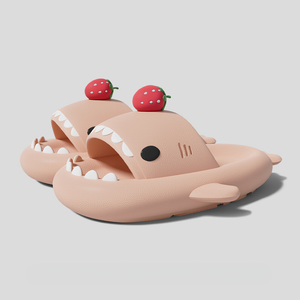 Beige strawberry shark slides cloudshark design, waterproof shark slippers with soft thick sole and cute strawberry accent.