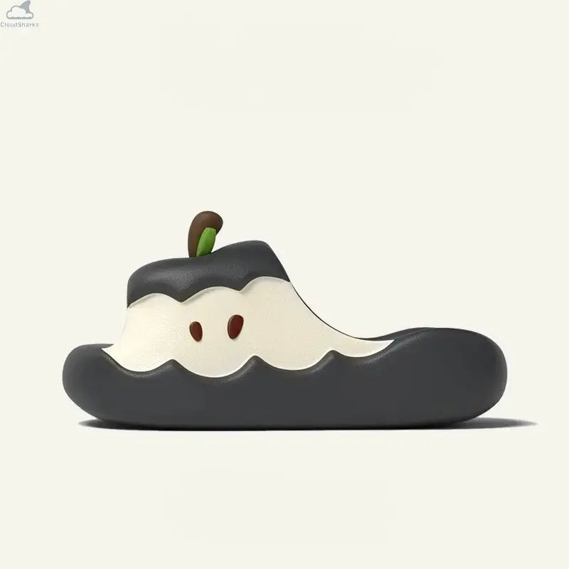 Side view of a sleek black Apple Cloud Slide featuring apple seed graphics, cute cloudsharks style comfortable footwear.