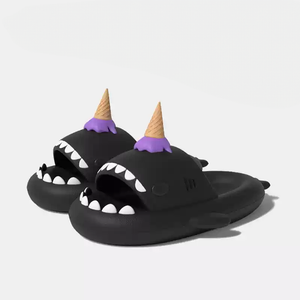 Black CloudSharks Ice Scream Shark Slides with an open-mouth shark design and ice cream cone on top, perfect for casual wear.
