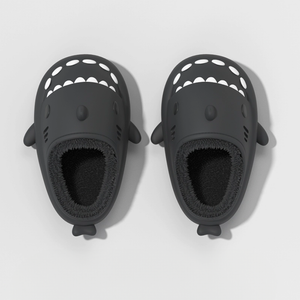 Black winter shark slippers with thick plush lining, anti-slip EVA sole shark slides, warm cloudsharks house slippers for men and women