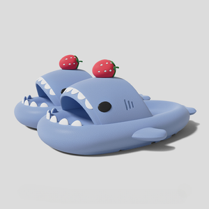 Blue strawberry shark slides, cloudshark waterproof shark slippers, soft cushioned sandals with strawberry fin design.