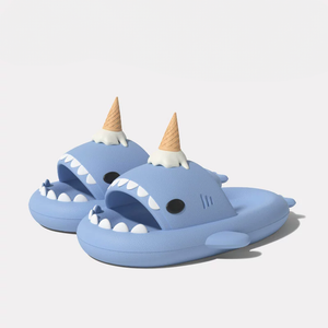 Blue CloudSharks Ice Scream Shark Slides with a playful shark mouth design and melting ice cream cone, offering comfort and style.