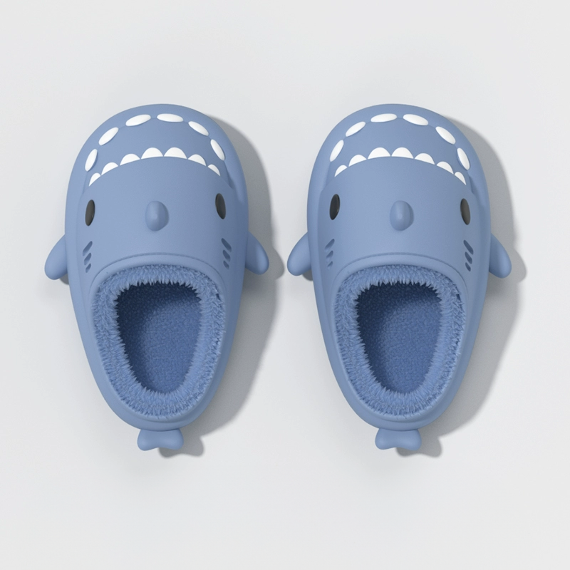 blue shark slides with thick fleece lining, cozy winter shark slippers, soft EVA cloudsharks non-slip indoor house shoes