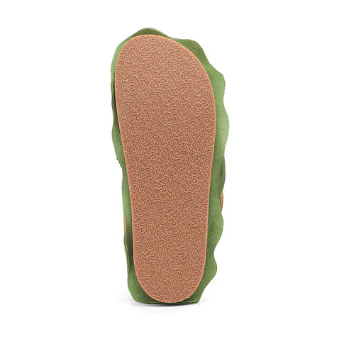 Close-up view of the durable and lightweight green EVA outsole of the burger slippers, designed with the same anti-slip grip found in shark slippers.
