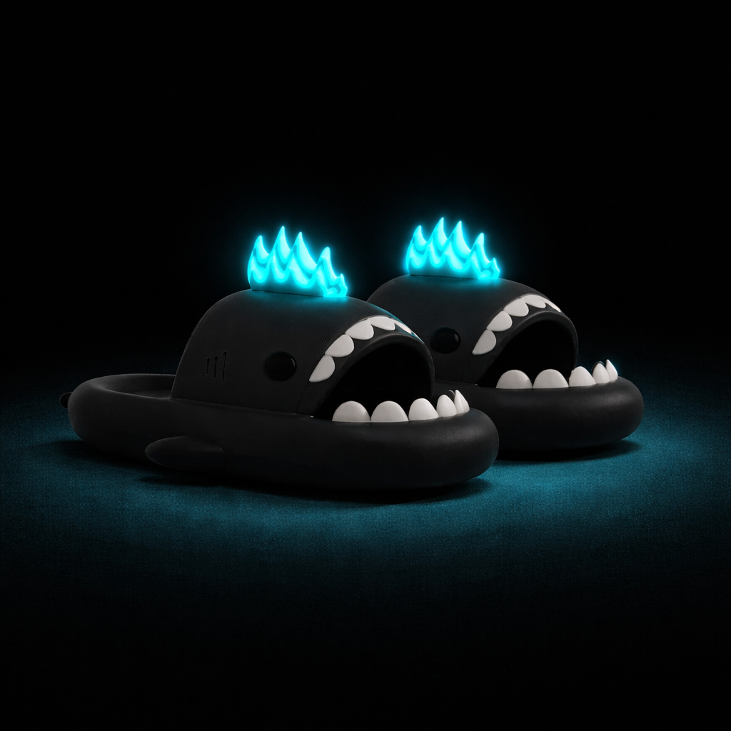 Cloudsharks black shark slides with glow in the dark blue fins, kaiju shark slippers visible in the dark with soft EVA cushioning and classic shark teeth design
