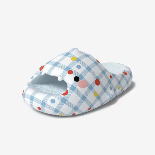 CloudSharks Shark Slides™ featuring playful shark face with polka dots, perfect for kids and adults, from CloudSharks.shop