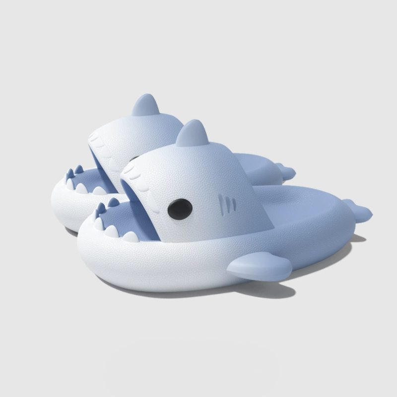 Blue Ocean Mist White shark slides by CloudSharks with playful shark shape, lightweight foam sole, comfortable shark slippers for home, beach, and casual wear