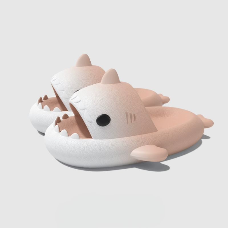 Pink Blush Mist White shark slides by CloudSharks, featuring cute shark design, soft cushioned sole, lightweight slip-on shark slippers for indoor and outdoor comfort
