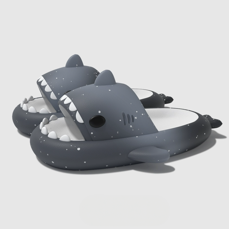 Cement ash CloudSharks shark slides featuring matte grey tones and starlight texture, lightweight non-slip shark slippers designed for daily comfort