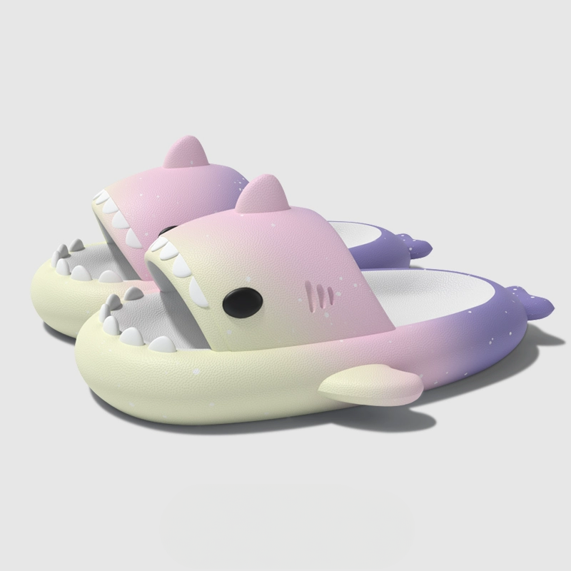 Cream taro purple CloudSharks shark slides with soft pastel gradient and speckled starlight look, cozy shark slippers for home, travel, and casual use