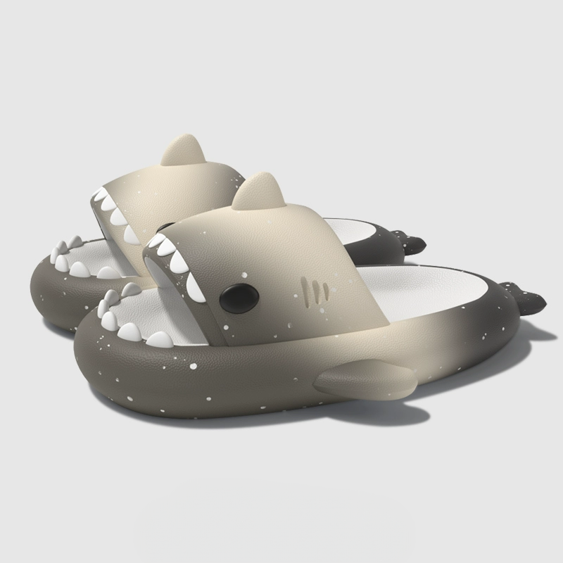 Grayish beige black CloudSharks shark slides with elegant neutral tones and starry finish, durable cushioned shark slippers for everyday indoor and outdoor wear