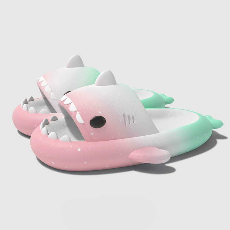 Peach pink green CloudSharks shark slides featuring soft gradient colors and starlight speckles, playful shark slippers with lightweight comfort design
