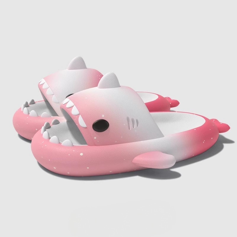 Pinky white red CloudSharks shark slides with blush tones and starry texture, cute shark slippers offering soft cushioning and slip-on comfort