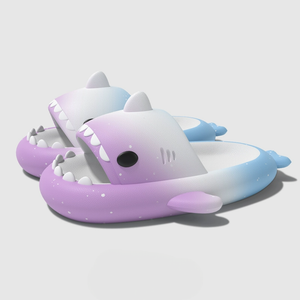 Purplish indigo CloudSharks shark slides with starlight speckled finish, soft cushioned sole and cute shark design, comfortable shark slippers for indoor and outdoor wear