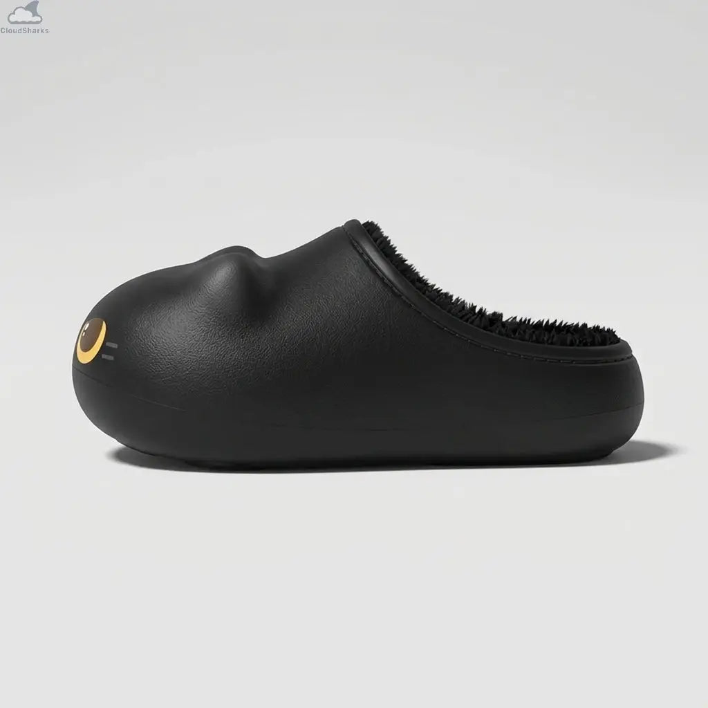 Pure side profile view of a black Cloudsharks Friends cat slipper facing left, showing its chunky rounded shape, matte EVA texture, and cat-ear bump on a light grey studio background.