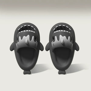 Cloudsharks black shark slides featuring fun shark design with fins, teeth, and tail – lightweight EVA slippers for home and casual wear.