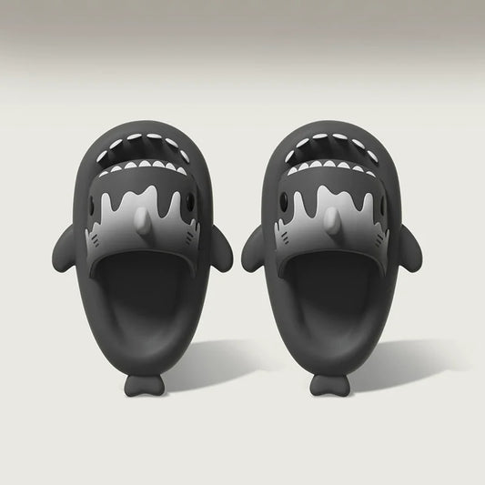 Cloudsharks black shark slides featuring fun shark design with fins, teeth, and tail – lightweight EVA slippers for home and casual wear.