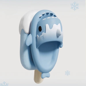 Cloudsharks blue shark slides styled like an ice cream bar, featuring playful shark face and fins – unique and comfortable EVA slippers.