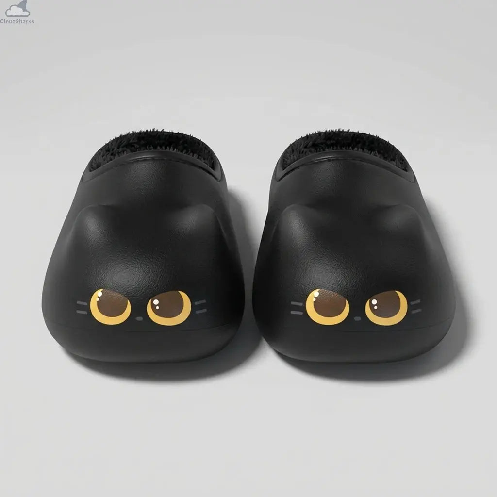 Front view of a pair of black Cloudsharks Friends cat paw slippers featuring cute cat ears, golden-yellow cat eyes, and a plush black fleece lining on a clean light grey studio background.