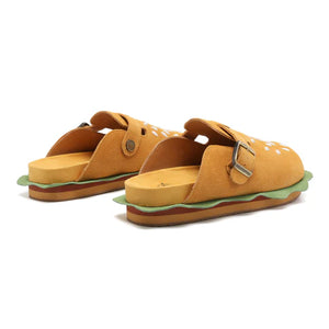 Rear view of the burger slippers showing the easy slip-on open-back design and the contoured cork footbed.