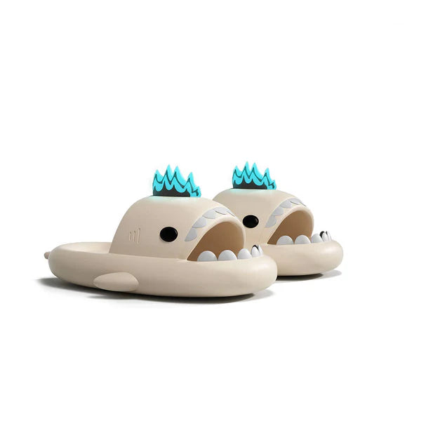 Beige cloudsharks shark slides with glow in the dark fins, soft shark slippers with cloud-like EVA sole for home and casual wear