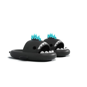 Black cloudsharks shark slides with glowing fins, kaiju-style shark slippers designed for night glow, comfort and anti-slip wear