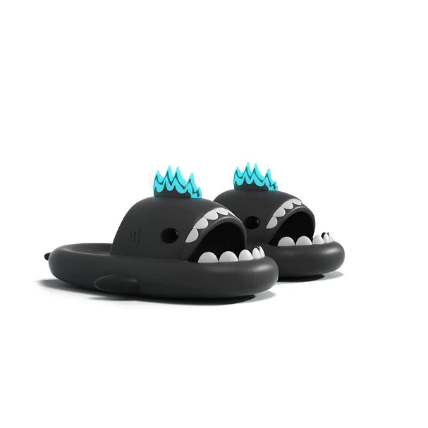 Black cloudsharks shark slides with glowing fins, kaiju-style shark slippers designed for night glow, comfort and anti-slip wear