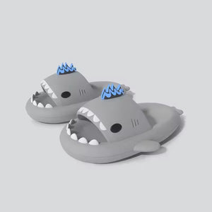 Grey cloudsharks shark slippers with glow in the dark fins, lightweight shark slides with cloud-like EVA cushioning and classic shark teeth design