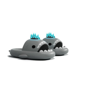 Grey cloudsharks shark slippers with glow in the dark fins, lightweight EVA shark slides with classic shark teeth design