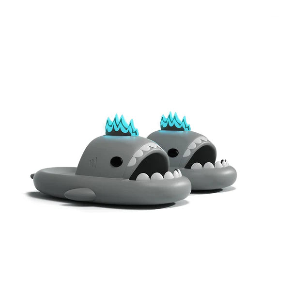 Grey cloudsharks shark slippers with glow in the dark fins, lightweight EVA shark slides with classic shark teeth design