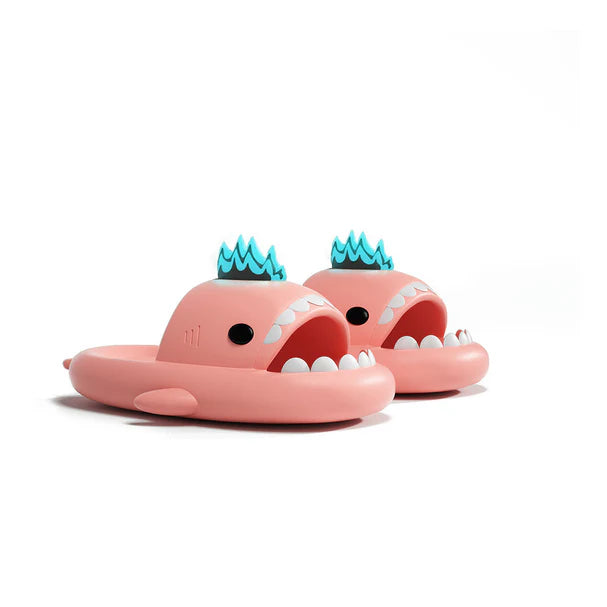 Pink cloudsharks shark slippers with glowing fins, cute shark slides designed for comfort, lightweight EVA cushioning and playful style