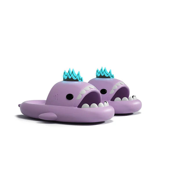 Purple cloudsharks shark slippers featuring glow in the dark shark fins, cushioned EVA shark slides for indoor outdoor comfort