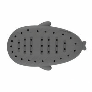 The bottom view of a gray Cloudsharks shark slide, showing the textured, anti-slip sole design for improved grip and safety.