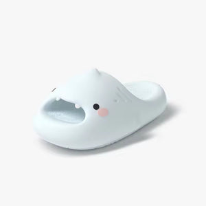 Cloudsharks™ Shark Slides in white with a playful shark design featuring small teeth and fins, perfect as casual shark slippers for all ages.