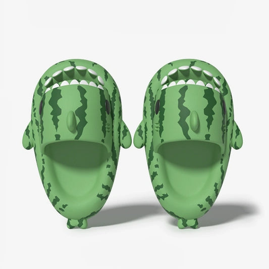 Pair of Watermelon Shark Slides shown from the front, with shark mouth, teeth, and fin design.