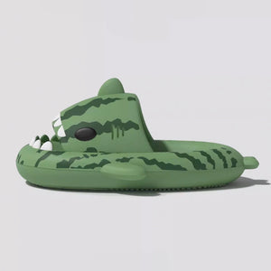 Side view of Cloudsharks™ Watermelon Shark Slides featuring green watermelon pattern and 3D shark teeth design.